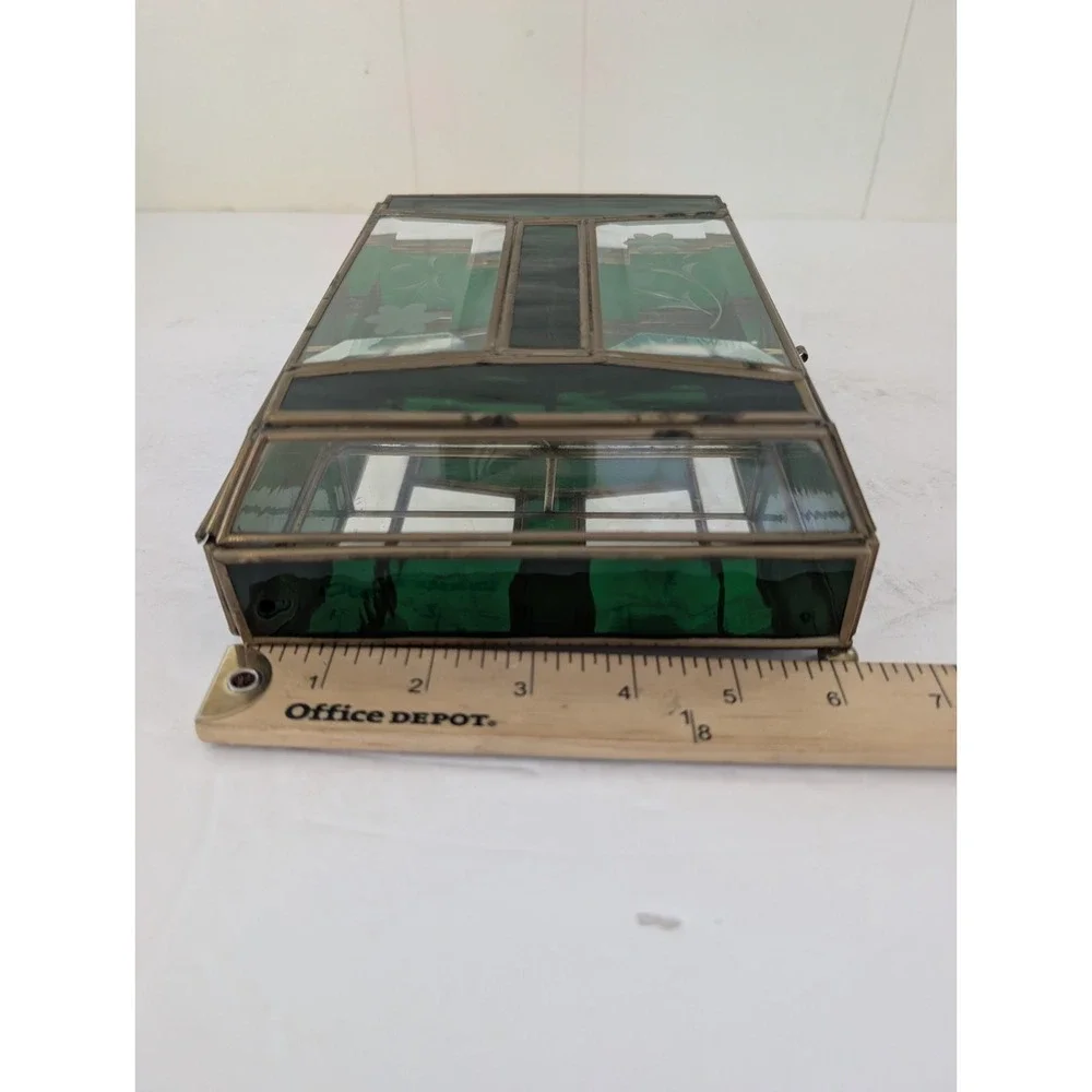 Jewelry Box Etched Floral Stained Glass Green Clear Vintage Glass Trinket FLAW - Picture 12 of 16